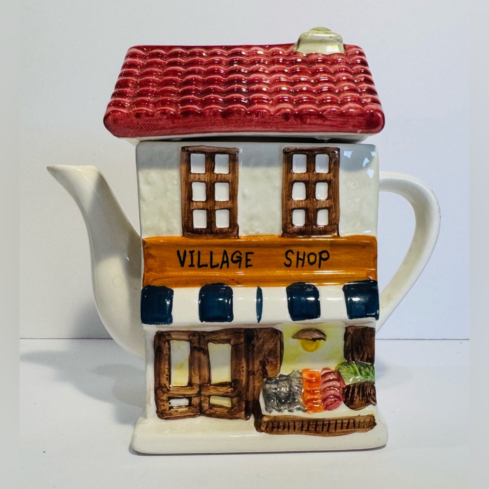 Charming ‘Village Shop’ Ceramic Teapot 6” Tall